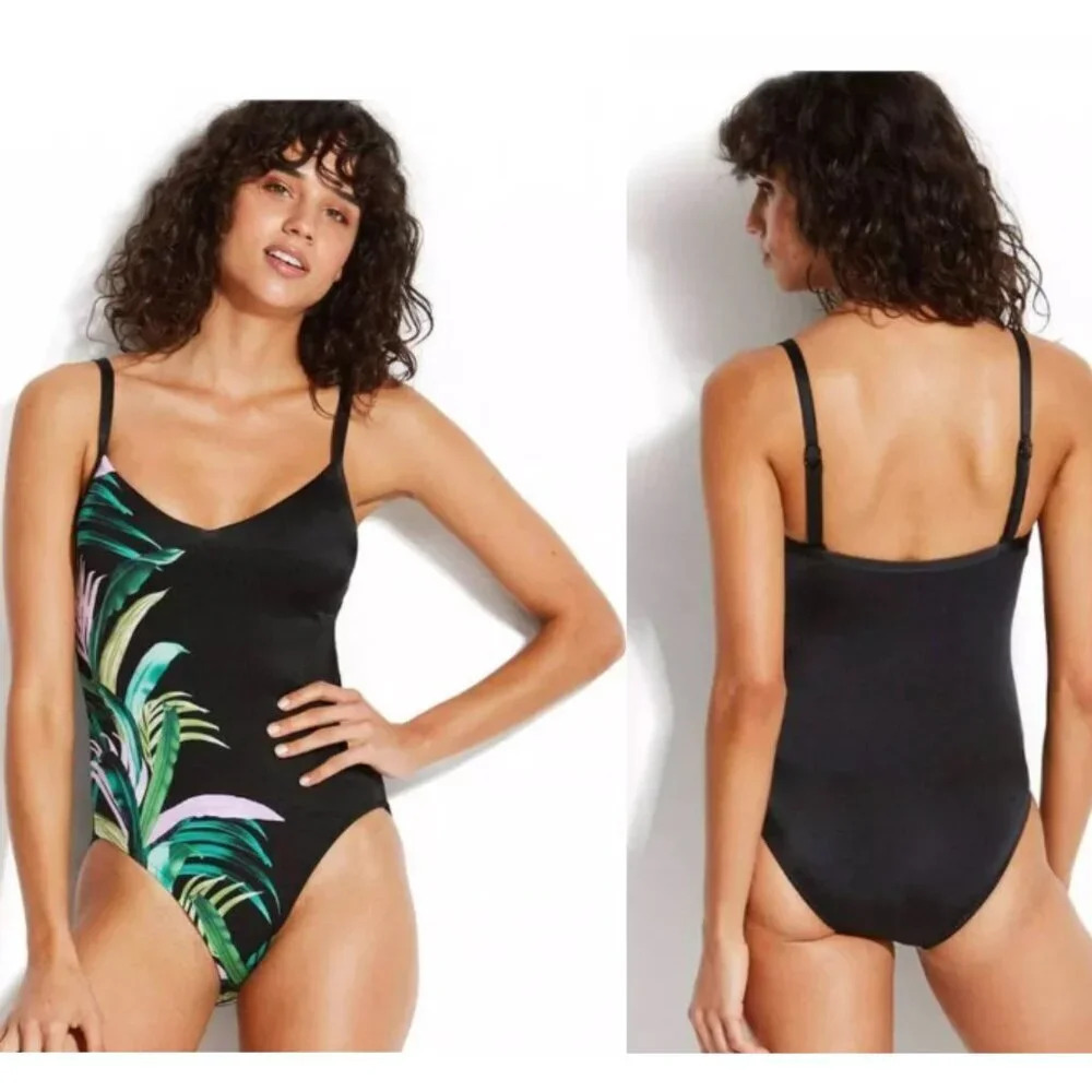 New! Seafolly Las Palmas Sweetheart One Piece Swimsuit Black Green 21501